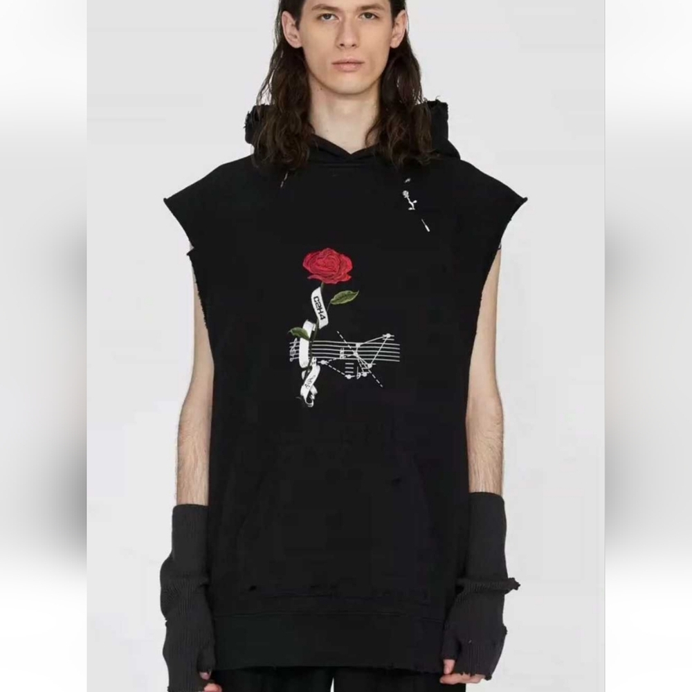 NWT C2H4 Black My Own Private Planet Distressed Rose & Score Sleeveless Hoodie
